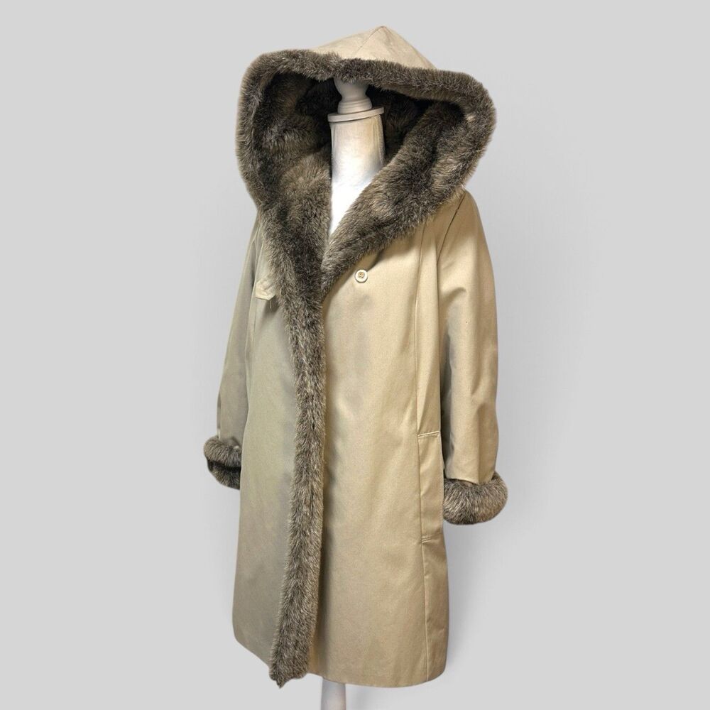 Vintage 70s Forecaster of Boston Penny Lane Coat Womens 9/10 Faux Fur Hood Taupe